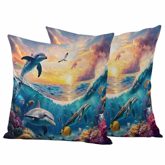 Blue Coastal Outdoor Waterproof Pillow Covers, Dolphin Summer Beach Nautical Ocean Decorative Square Throw Pillowcase Sofa Cushion Sham for Patio/Couch/Chair, 20"x20" 2 Pack
