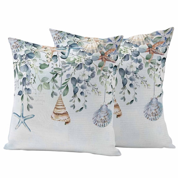 Blue Coastal Outdoor Waterproof Pillow Covers, Eucalyptus Leaves Summer Beach Starfish Decorative Square Throw Pillowcase Sofa Cushion Sham for Patio/Couch/Chair, 26"x26" 2 Pack