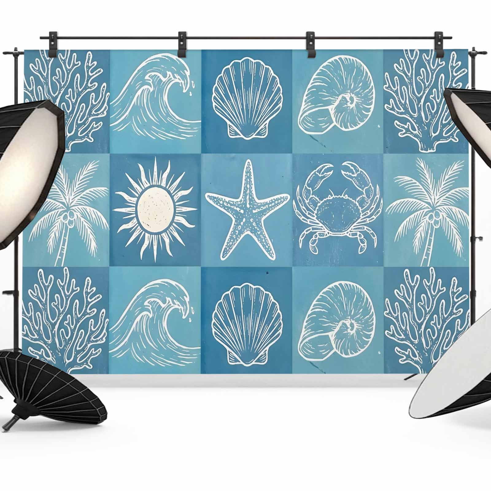 Blue Coastal Photography Backdrop 12x8FT, Summer Ocean Waves Shell Crab ...