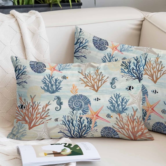 Blue Coastal Pillow Covers 12"x20", Summer Beach Coral Shell Starfish Seahorse Soft Brushed Microfiber Breathable Throw Pillow Covers, Pillowcase with Zipper for Couch Sofa Bedroom Living Room