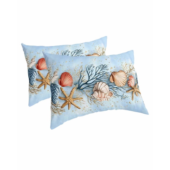 Blue Coastal Pillow Covers Queen Size 2 Pack, Summer Nautical Beach Conch Starfish Coral Soft Bed Throw Pillowcases Breathable Cooling Long Lumbar Body Pillow Sham Cover for Bed Sofa 20''x30''