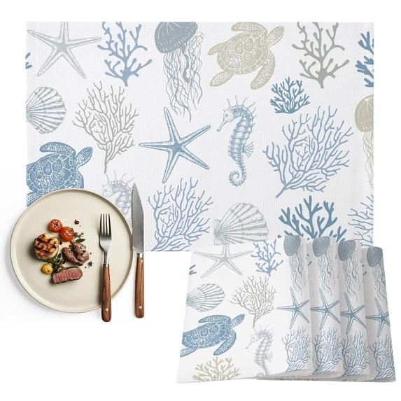 Blue Coastal Placemats Set of 2, Nautical Summer Beach Coral Sea Turtle Washable Wipeable Table Mats for Dining Tables, Indoor Outdoor Kitchen Place Mats for Holiday Party Table Decor