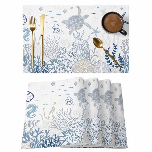 Blue Coastal Placemats Set of 4, Summer Beach Turtle Coral Starfish Jellyfish Placemats for Dining Table, Place Mats for Kitchen Tabletop, Waterproof Wipeable Dining Table Mats Set