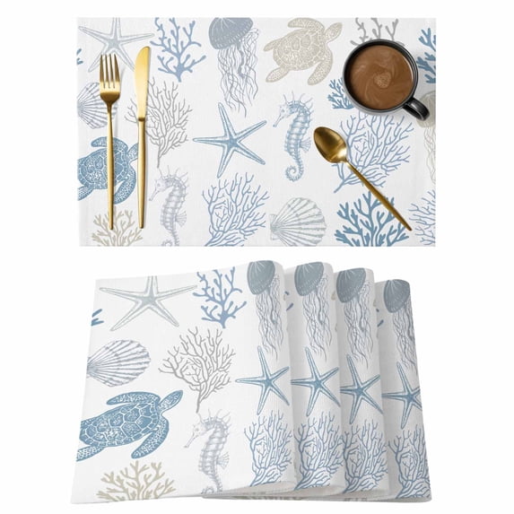 Blue Coastal Placemats Set of 6, Cotton Linen Fabric Place Mats, Nautical Summer Beach Coral Sea Turtle Washable Decorative Table Mats Protector for Home Kitchen Dining Wedding Party Coffee Tables