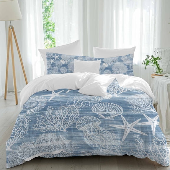 Blue Coastal Queen Size Comforter Set, Nautical Starfish Jellyfish Coral Summer Bedding for All Seasons, 4 Pcs Bed Set, 1Quiltcover (90"x92") ,1Sheet(94"x116"), 2Pillowcases (30"x20")