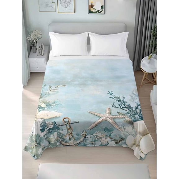Blue Coastal Queen Size Flat Sheet, Wrinkleproof & Fadeproof Cooling Flat Bed Sheet Only, Beach Nautical Anchor Starfish Botanical Breathable Soft Bedding Top Sheets 90 x 102 Inches