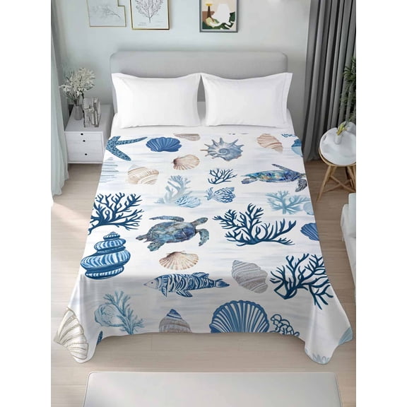 Blue Coastal Queen Size Flat Sheet, Wrinkleproof & Fadeproof Cooling Flat Bed Sheet Only, Starfish Sea Turtle Coral Nautical Beach Breathable Soft Bedding Top Sheets 90 x 102 Inches