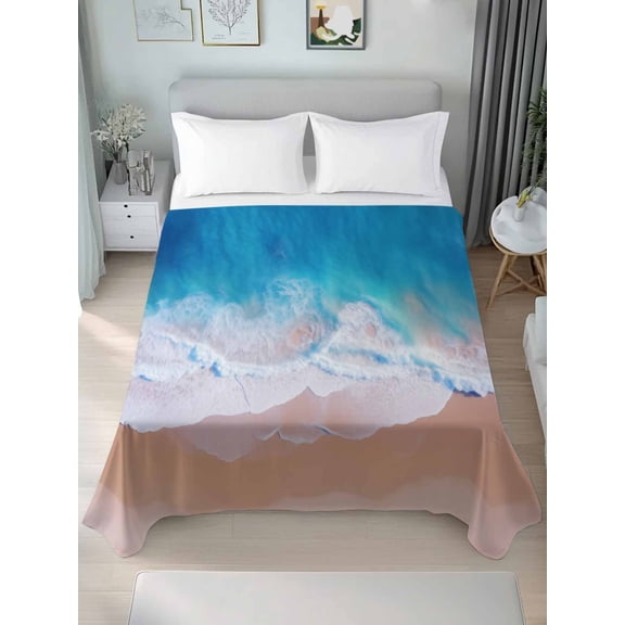 Blue Coastal Queen Size Flat Sheet, Wrinkleproof & Fadeproof Cooling Flat Bed Sheet Only, Summer Beach Seaside Ocean Nautical Breathable Soft Bedding Top Sheets 90 x 102 Inches