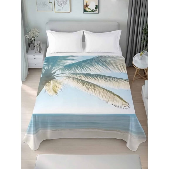 Blue Coastal Queen Size Flat Sheet, Wrinkleproof & Fadeproof Cooling Flat Bed Sheet Only, Summer Palm Trees Vacation Watercolor Breathable Soft Bedding Top Sheets 90 x 102 Inches