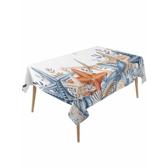 Blue Coastal Rectangle Tablecloth, Summer Beach Starfish Weeping Eucalyptus Waterproof & StainResistant Tablecloth, Washable Oil-proof Table Cover for Dining/Party/Wedding/Camping/Buffet 54x108 In