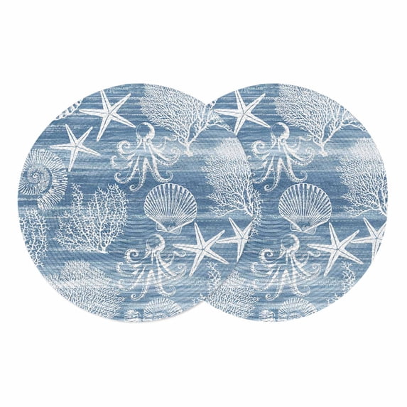 Blue Coastal Round 13 Inch Placemats Set of 2, Nautical Coral Starfish Shell Octopus Sea HeatResistant Non Slip Place Mats for Dining Table, Wipeable Braided Kitchen Table Mats for Housewarming