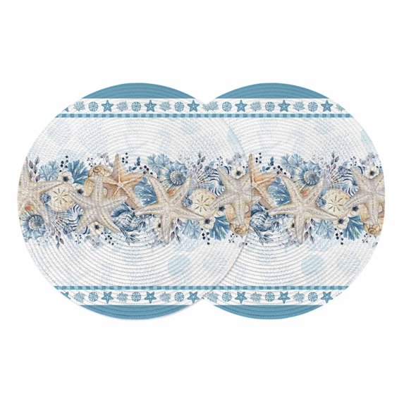Blue Coastal Round 13 Inch Placemats Set of 2, Ocean Eucalyptus Starfish Coral Leaves HeatResistant Non Slip Place Mats for Dining Table, Wipeable Braided Kitchen Table Mats for Housewarming