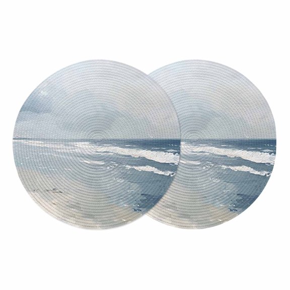 Blue Coastal Round 13 Inch Placemats Set of 2, Seaside Summer Beach Nautical HeatResistant Non Slip Place Mats for Dining Table, Wipeable Braided Kitchen Table Mats for Housewarming