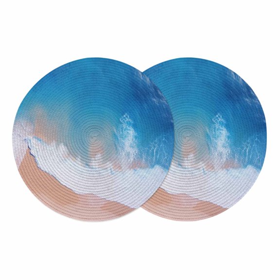 Blue Coastal Round 13 Inch Placemats Set of 2, Summer Beach Seaside Ocean Nautical HeatResistant Non Slip Place Mats for Dining Table, Wipeable Braided Kitchen Table Mats for Housewarming