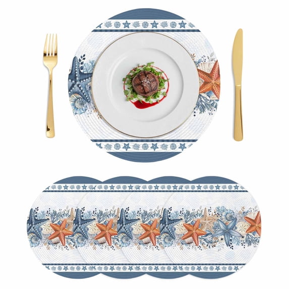 Blue Coastal Round 13 Inch Placemats Set of 4, Orange Starfish Coral Summer Beach Nautical HeatResistant Non Slip Place Mats for Dining Table, Wipeable Braided Kitchen Table Mats for Housewarming