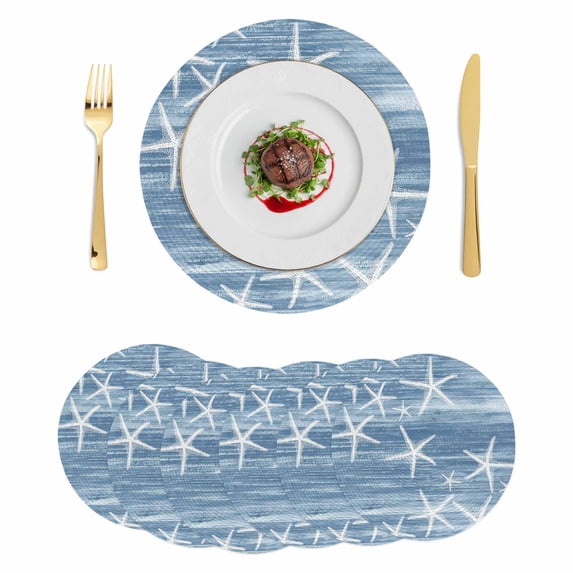 Blue Coastal Round 13 Inch Placemats Set of 6, Summer Ocean Waves Ombre Sea Starfish HeatResistant Non Slip Place Mats for Dining Table, Wipeable Braided Kitchen Table Mats for Housewarming