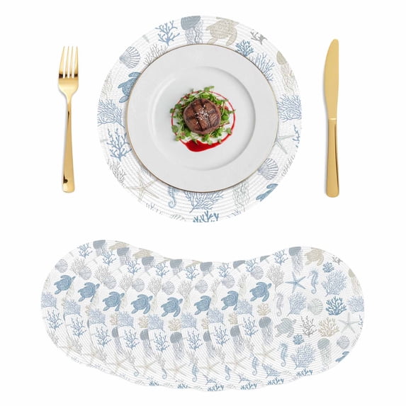 Blue Coastal Round 13 Inch Placemats Set of 8, Nautical Summer Beach Coral Sea Turtle HeatResistant Non Slip Place Mats for Dining Table, Wipeable Braided Kitchen Table Mats for Housewarming