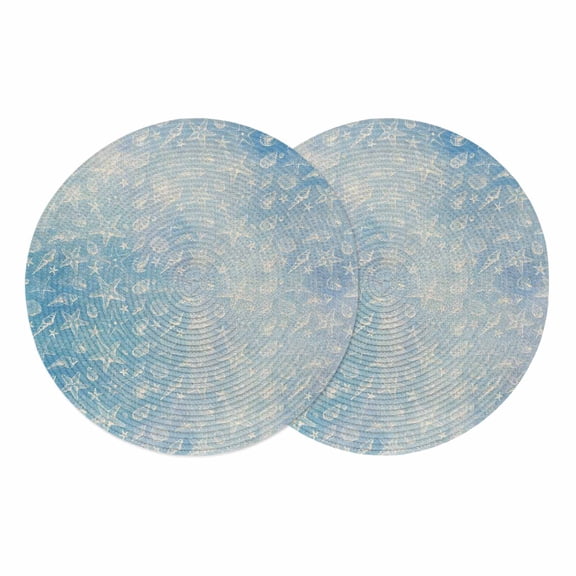 Blue Coastal Round 15 Inch Placemats Set of 2, Summer Ocean Starfish Conch Seashells HeatResistant Non Slip Place Mats for Dining Table, Wipeable Braided Kitchen Table Mats for Housewarming