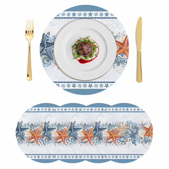 Blue Coastal Round 15 Inch Placemats Set of 4, Orange Starfish Coral Beach Nautical Botanical HeatResistant Non Slip Place Mats for Dining Table, Wipeable Braided Kitchen Table Mats for Housewarming