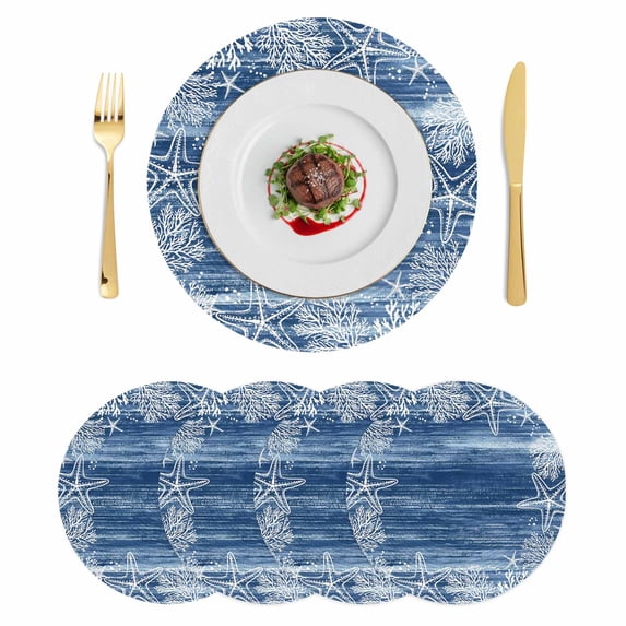 Blue Coastal Round 15 Inch Placemats Set of 4, Summer Ocean Sea Waves Starfish Corals HeatResistant Non Slip Place Mats for Dining Table, Wipeable Braided Kitchen Table Mats for Housewarming