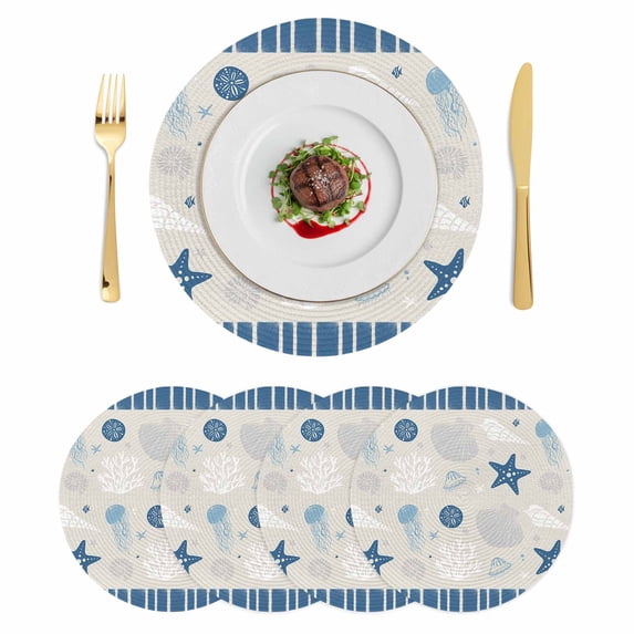 Blue Coastal Round 15 Inch Placemats Set of 4, Vintage Ocean Nautical Starfish Coral Striped HeatResistant Non Slip Place Mats for Dining Table, Wipeable Braided Kitchen Table Mats for Housewarming