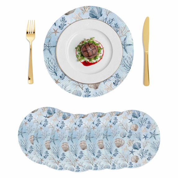Blue Coastal Round 15 Inch Placemats Set of 6, Country Nautical Starfish Coral Seashells HeatResistant Non Slip Place Mats for Dining Table, Wipeable Braided Kitchen Table Mats for Housewarming