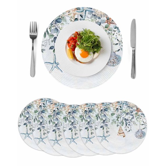 Blue Coastal Round 15 Inch Placemats Set of 6, Eucalyptus Leaves Summer Beach Starfish HeatResistant Non Slip Place Mats for Dining Table, Wipeable Braided Kitchen Table Mats for Housewarming