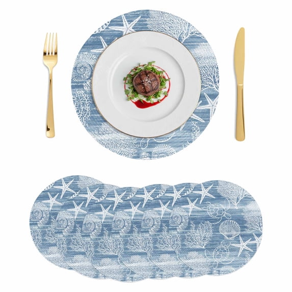 Blue Coastal Round 15 Inch Placemats Set of 6, Nautical Coral Starfish Shell Turtle Summer HeatResistant Non Slip Place Mats for Dining Table, Wipeable Braided Kitchen Table Mats for Housewarming