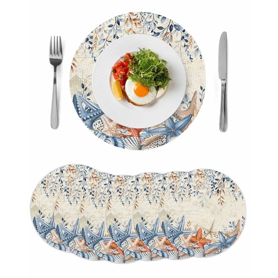 Blue Coastal Round 15 Inch Placemats Set of 6, Summer Beach Starfish Weeping Eucalyptus Retro HeatResistant Non Slip Place Mats for Dining Table, Wipeable Braided Kitchen Table Mats for Housewarming