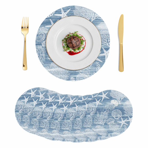 Blue Coastal Round 15 Inch Placemats Set of 8, Nautical Starfish Coral Jellyfish Shell Sea HeatResistant Non Slip Place Mats for Dining Table, Wipeable Braided Kitchen Table Mats for Housewarming
