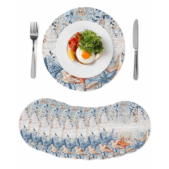 Blue Coastal Round 15 Inch Placemats Set of 8, Summer Beach Starfish Weeping Eucalyptus Vintage HeatResistant Non Slip Place Mats for Dining Table, Wipeable Kitchen Table Mats for Housewarming