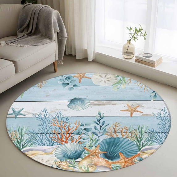 Blue Coastal Round Area Rug 3.3Ft Washable Circle Rugs for Dining Room Table, Summer Beach Starfish Shell Coral Nautical Non-Slip Carpet Floor Mats Indoor Outdoor Carpet Runner Aesthetic Home Decor