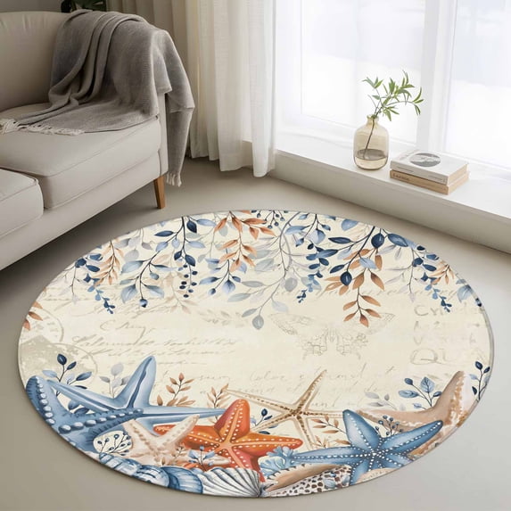 Blue Coastal Round Area Rug 3.3Ft Washable Circle Rugs for Dining Room Table, Summer Beach Starfish Weeping Eucalyptus Retro Non-Slip Carpet Floor Mats Indoor Outdoor Carpet Runner Home Decor