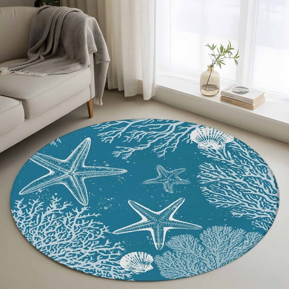 Blue Coastal Round Area Rug 3Ft Washable Small Circle Rugs for Kitchen Entryway, Starfish Coral Summer Beach Ocean Non-Slip Carpet Floor Mats Indoor Outdoor Carpet Runner Aesthetic Home Decor