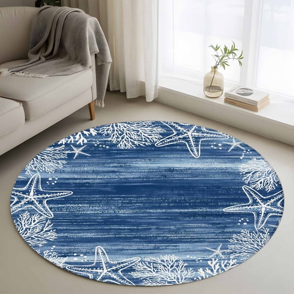 Blue Coastal Round Area Rug 3Ft Washable Small Circle Rugs for Kitchen Entryway, Summer Ocean Sea Waves Starfish Corals Non-Slip Carpet Floor Mats Indoor Outdoor Carpet Runner Aesthetic Home Decor