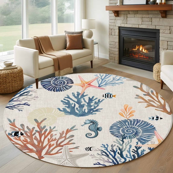 Blue Coastal Round Area Rug 5Ft Washable Circle Rugs for Living Room Bedroom, Summer Beach Coral Shell Starfish Vintage Non-Slip Carpet Floor Mats Indoor Outdoor Carpet Runner Aesthetic Home Decor