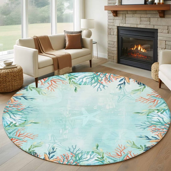 Blue Coastal Round Area Rug 8Ft Washable Large Circle Rugs for Living Room Dorm, Summer Nautical Beach Coral Starfish Non-Slip Carpet Floor Mats Indoor Outdoor Carpet Runner Aesthetic Home Decor