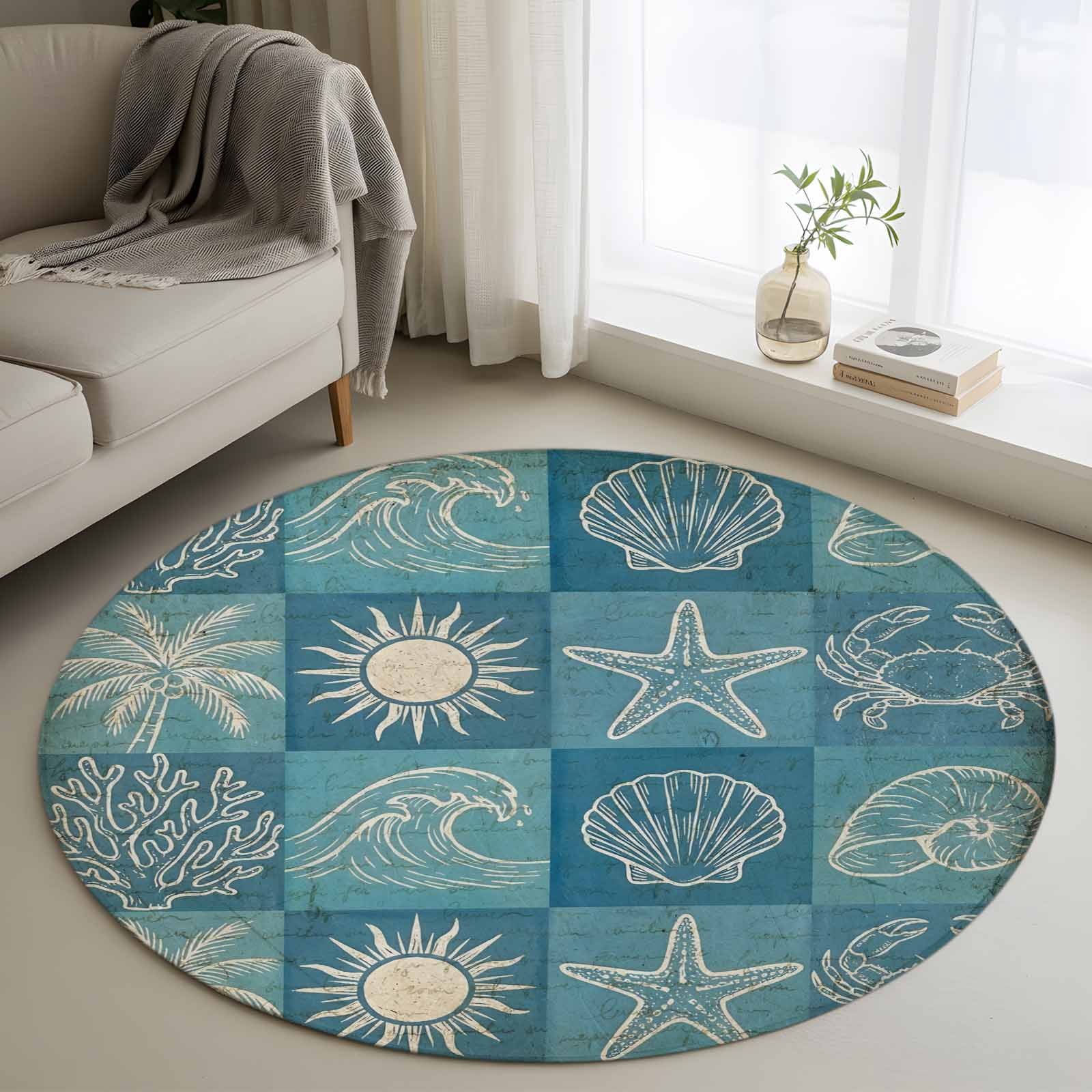 Blue Coastal Round Area Rugs 3 ft, Summer Ocean Waves Shell Crab ...