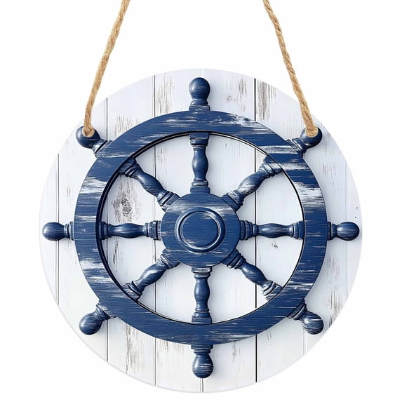 Blue Coastal Round Front Door Welcome Sign, 5.9 Inch Wall Hanging Decor for Indoor Outdoor, Nautical Summer Beach Ocean Home Porch Hanger Decorations for Holiday Gift