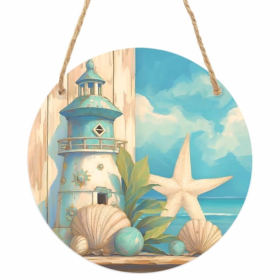 Blue Coastal Round Front Door Welcome Sign, 5.9 Inch Wall Hanging Decor for Indoor Outdoor, Watercolor Nautical Starfish Lighthouse Beach Home Porch Hanger Decorations for Holiday Gift