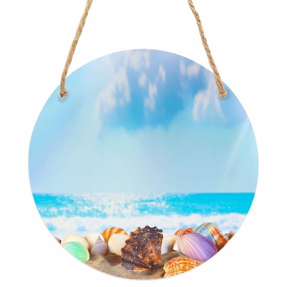 Blue Coastal Round Front Door Welcome Sign, 7.8 Inch Wall Hanging Decor for Indoor Outdoor, Nautical Seaside Shell Conch Starfish Home Porch Hanger Decorations for Holiday Gift