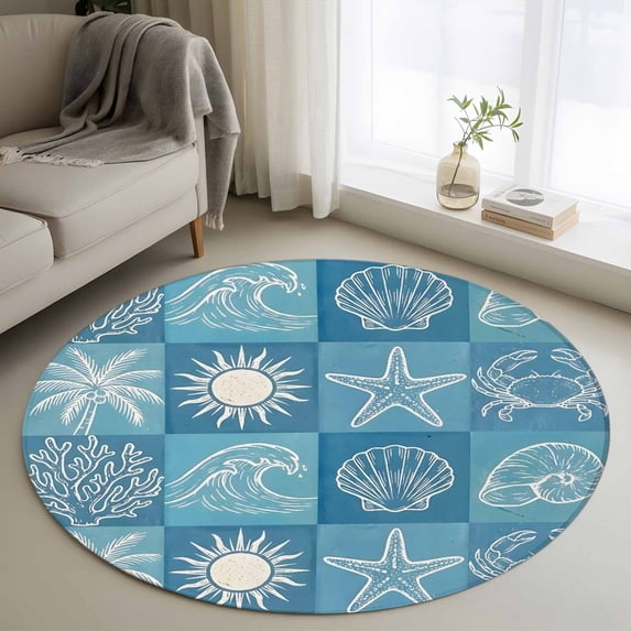 Blue Coastal Round Living Room Rugs 3.3 ft, Summer Ocean Waves Shell Crab Coconut Tree Washable Area Rug with Non-Slip Sturdy Edge Binding Round Front Door Mat Floor Carpet for Entryway