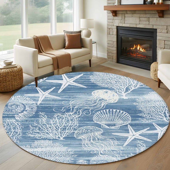 Blue Coastal Round Living Room Rugs 6 ft, Nautical Starfish Jellyfish Coral Summer Washable Area Rug with Non-Slip Sturdy Edge Binding Round Carpet for Kitchen Office Bedroom