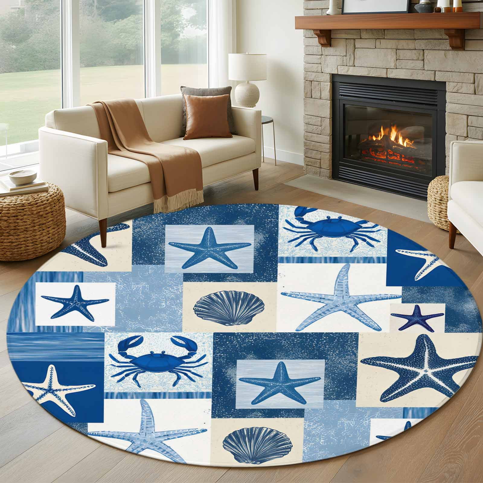 Blue Coastal Round Living Room Rugs 6 ft, Summer Ocean Shell Crab Ocean ...