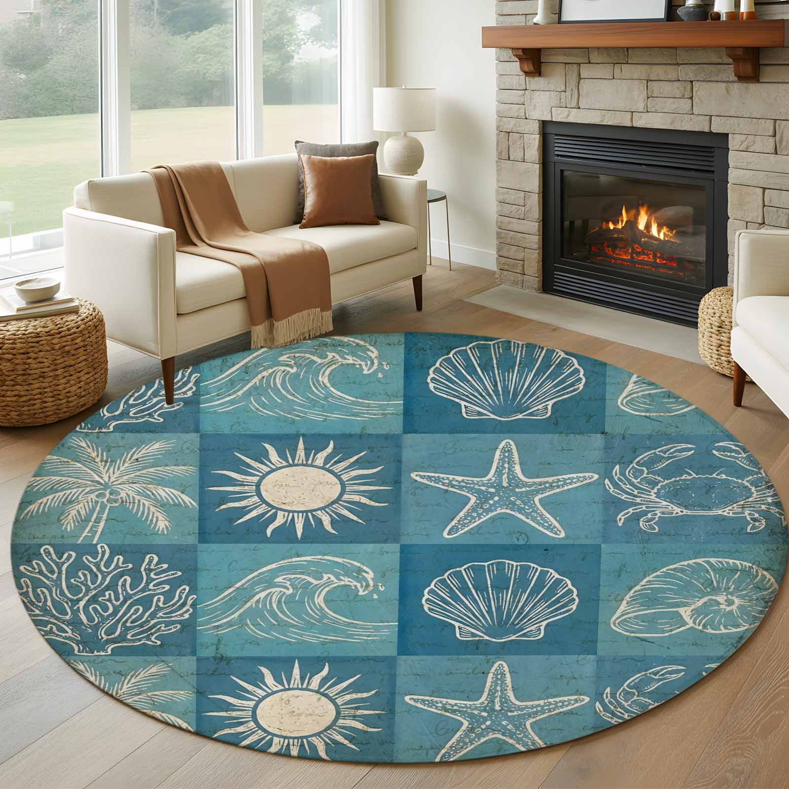 Blue Coastal Round Living Room Rugs 8 ft, Summer Ocean Waves Shell Crab ...