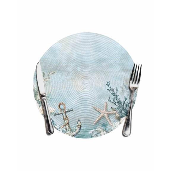 Blue Coastal Round Placemats for Dinning Tables,Heat-proof Braided Table Mats 13 Inch,Beach Nautical Anchor Starfish Botanical Washable Place Mat for Kitchen Restaurant Party Decor Table Setting