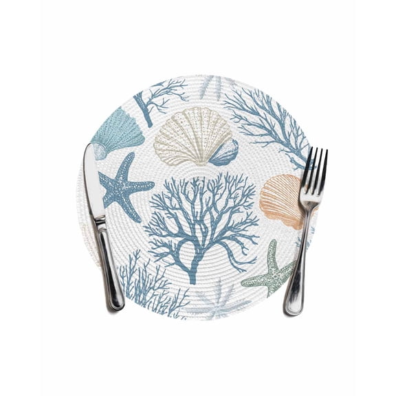 Blue Coastal Round Placemats for Dinning Tables, Heat-proof Braided Table Mats 13 Inch, Nautical Coral Beach Starfish Washable Place Mat for Kitchen Restaurant Party Decor Supplies Table Setting