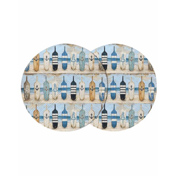 Blue Coastal Round Placemats Set of 2 for Dinning Tables,Heat-proof Braided Table Mats 13 Inch,Ocean Nautical Anchor Wood Barn Beach Washable Place Mat for Kitchen Restaurant Party Table Decor