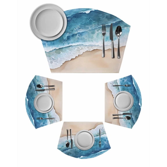 Blue Coastal Round Placemats Set of 4, Summer Beach Seaside Nautical Beige Placemats for Round Dining Table Shape Wedge Placemats for Outdoor Indoor Wipeable Clean Table Place Mats
