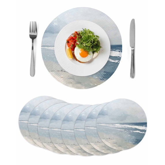 Blue Coastal Round Placemats Set of 8 for Dinning Tables,Heat-proof Braided Table Mats 13 Inch,Seaside Summer Beach Nautical Washable Place Mat for Kitchen Restaurant Party Decor Table Setting